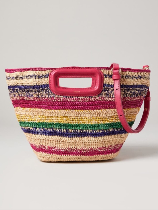 Maje Handbags - Maje Mini Striped Basket Multicolored Straw Tote Bag with Pink Leather Trim